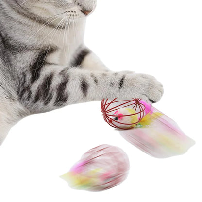 1Pcs Cat Toys Colorful Feathers Colorful Plush Mouse Ball Cage Cat Fun Creative Interactive Toys Pet Supplies Random Colors