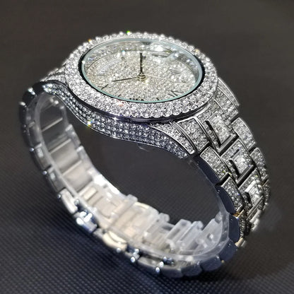 TikTok Hot Diamond Wristwatch For Men Luxury 18K Gold Plated Quartz Watches Day Date Nightclub Party Watch Unisex Rapper Jewelry