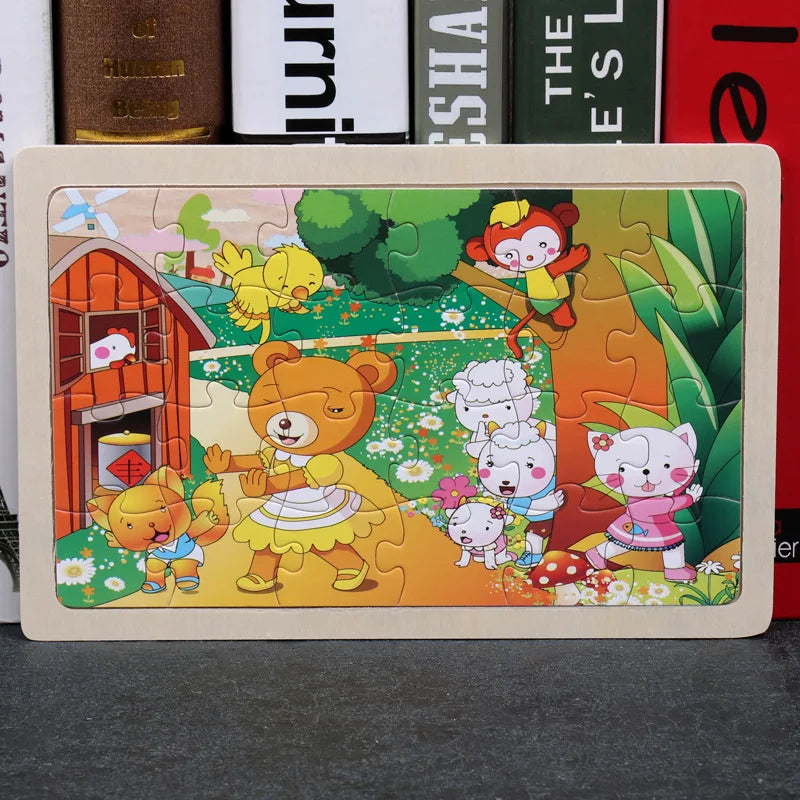 New 24 Pieces Wooden Puzzles Cartoon Animal Wood Jigsaw Learning Toys for GIFT