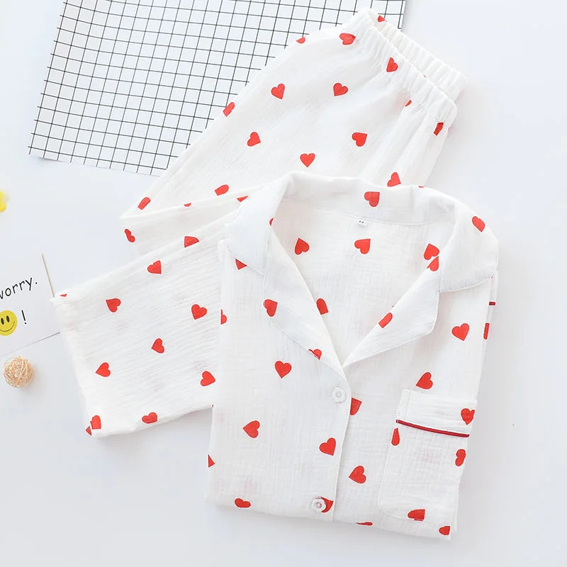 Smal Heart Printing Pink White Colors Women Trousers Pajama Set Cotton Sleepwear Clothes for Spring and Autumn Home Clothing