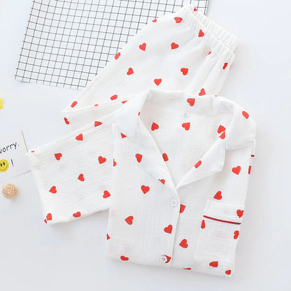 Smal Heart Printing Pink White Colors Women Trousers Pajama Set Cotton Sleepwear Clothes for Spring and Autumn Home Clothing