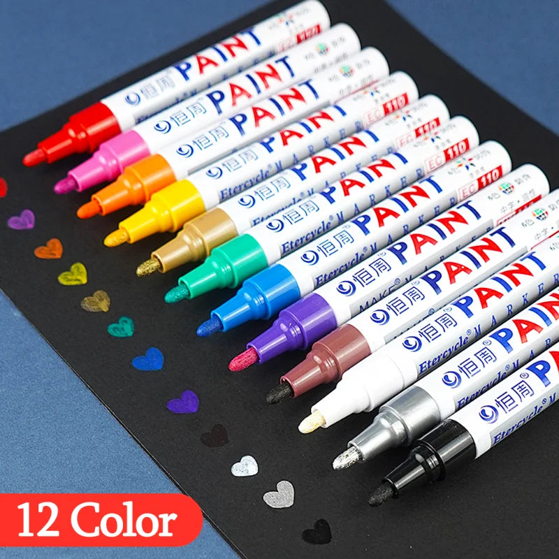 12Colors Waterproof Colorful Paint Marker Pens Permanent Paint Marker White Tire Tread Rubber Fabric Paint Metal