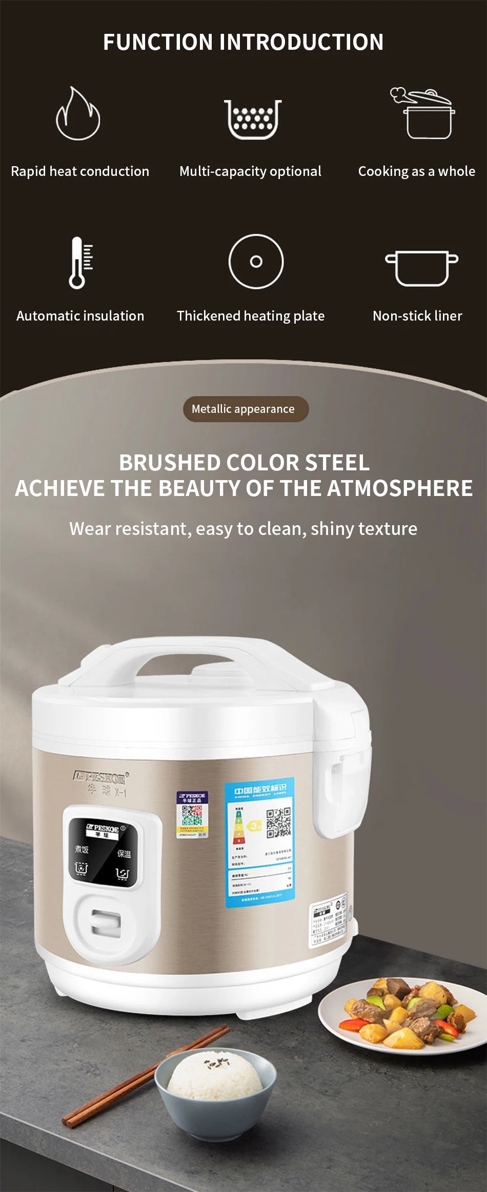 Peskoe mini Rice cooker, old-fashioned 1-2-3 person Non-stick surface cooking rice cooker, multi-function household 2L 3L 4L 5L