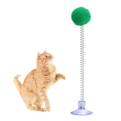 1pc Feather Spring Cat Interactive Toy Suction Cup Cat Fur Ball Teaser Wand Toys Cat Scratcher Toys Pet Supplies Random Color