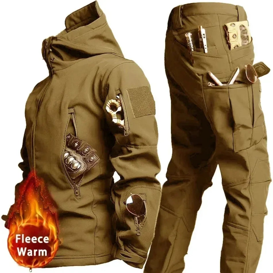 Winter Thicken Men Camo Suit Waterproof Tactical Training Set Multi-pocket Hooded Jacket Fleece Pants Outdoor Hunting 2-piece