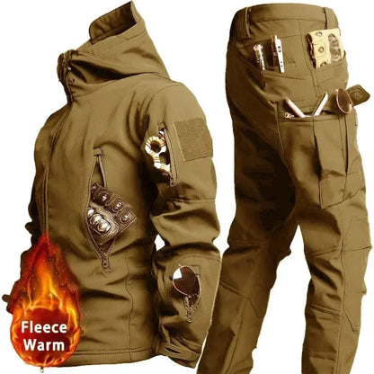 Winter Thicken Men Camo Suit Waterproof Tactical Training Set Multi-pocket Hooded Jacket Fleece Pants Outdoor Hunting 2-piece