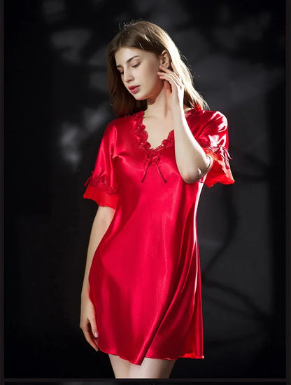 New Summer Women Sleepwear Ice Silk Nightdress Robe Sexy Lingerie Nightgown Lady Homewear Female Night Home