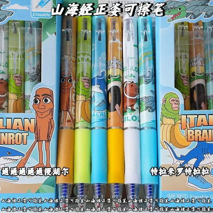 6/12PCS Italian Brainrot Tung Erasable Gel Pen Cute Anime Cartoon Quick Drying Black 0.5mm Ballpoint Pen Stationery Supplies