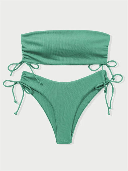 2025 Sexy Low Waist Swimwear New Solid Bandeau Bikini Set Women Push Up Drawstring Beachwear Swimsuit Backless bathing suit
