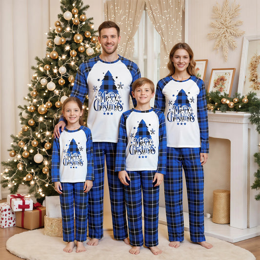 Christmas Family Matching Pajamas Sets Adults Kids Letter Tree Printed Long Sleeve Tops with Plaid Pants Xmas Family Sleepwear
