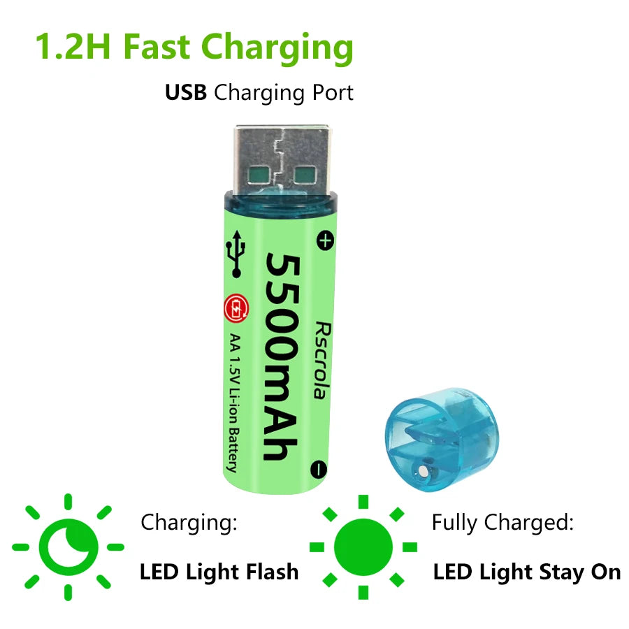 Universal AA Rechargeable Battery Durable 5500mAh Li-ion Battery AA USB Direct Charging for Toys Clocks Game Controllers Cameras