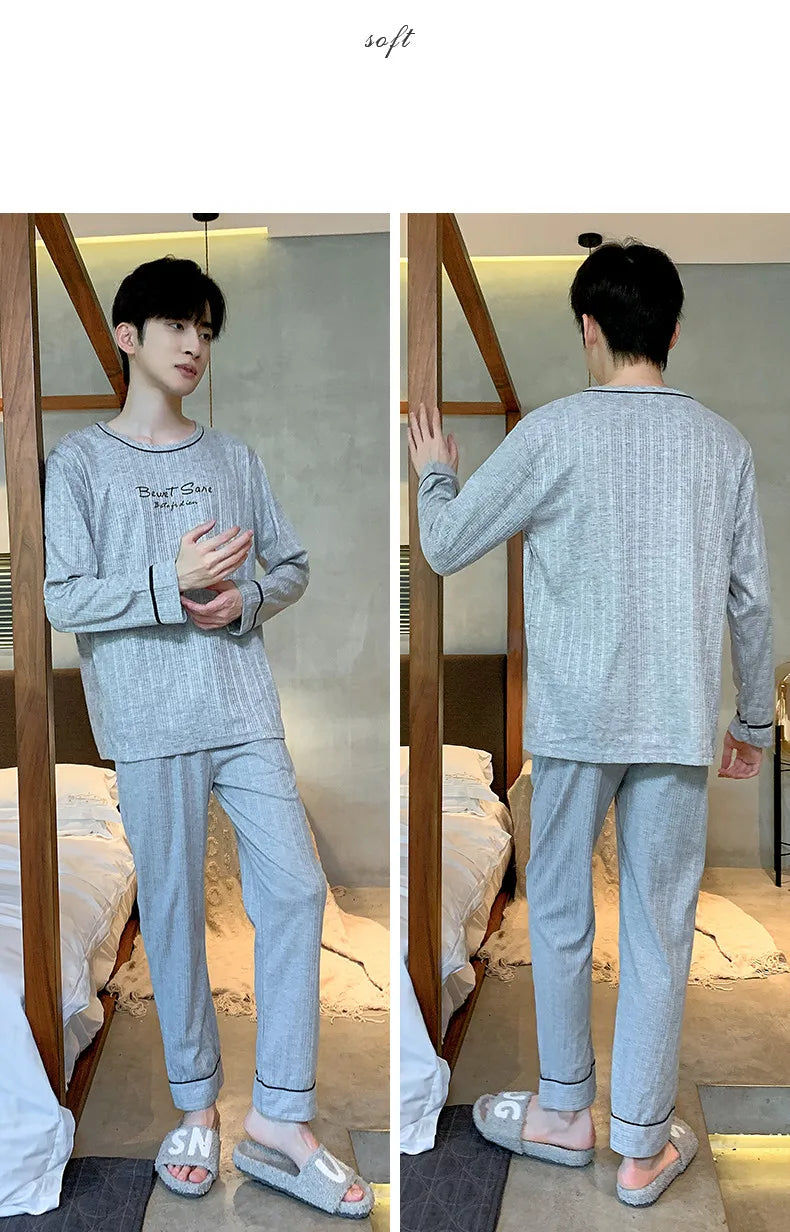 Spring Autumn Plus 4XL Knitted Men's Sleepwear Letter Lattice Pajamas Plaid Pajamas Sets Casual Loungewear Pyjamas Night Fashion