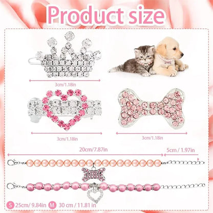 Bling Pearl Dog Collar Small and Medium Dogs Crown Hair Clips Puppy Accessories Doggy Heart and Bone Necklace Pet Supplies