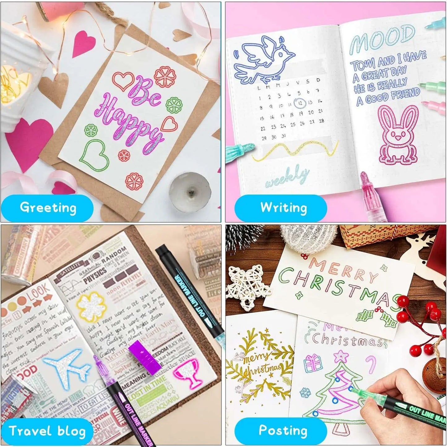 Double Line Outline Markers,Squiggles Shimmer Markers Set,Self Outline Metallic Glitter Marker Pens for Christmas,Art,Drawing