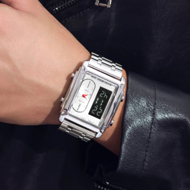 Gold Men Watches Stainless Steel Band Dual Display Men Sports Digital Watches For Male Clock Chronograph Date Waterproof Luxury