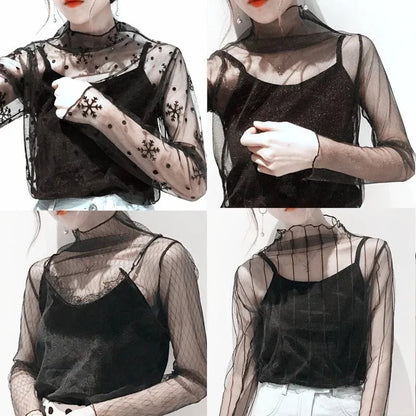 New Transparent See Through Shirt Women Sexy Harajuku Mesh Tops Net Undershirt Star Base Top Camisas Femininas Clubwear SheerTee