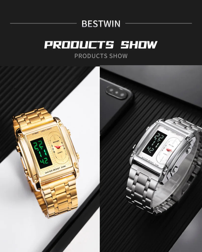 Gold Men Watches Stainless Steel Band Dual Display Men Sports Digital Watches For Male Clock Chronograph Date Waterproof Luxury