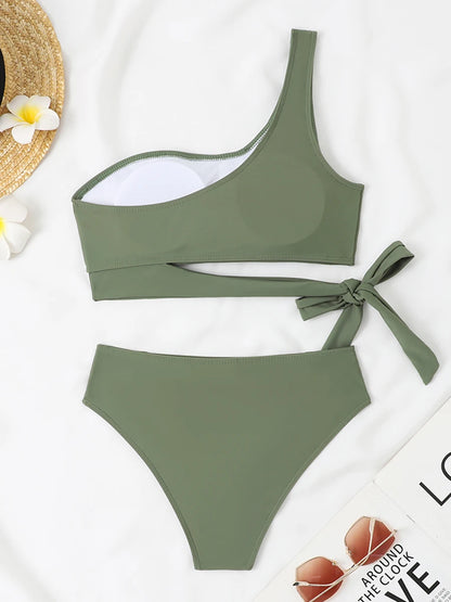 One Shoulder Bikini Set Sexy 2025 Swimsuit Women Solid Padded Swimwear Female Bathers Bathing Swimming Swim Suit Beachwear