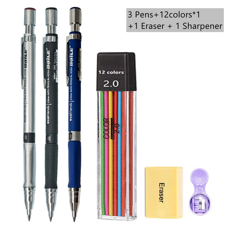 2.0mm Mechanical Pencil Black / Color Lead Refill 2B Sketching Pencil Art Sketch Painting Writing For School & Office Stationery