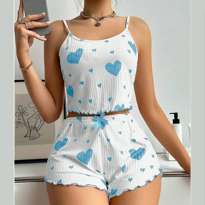 Sexy Girl Pajama Sets Love Heart Print Cami Top+Shorts Leisure Stripe Pyjamas Women Home Clothes Summer Sleeveless Sleepwear