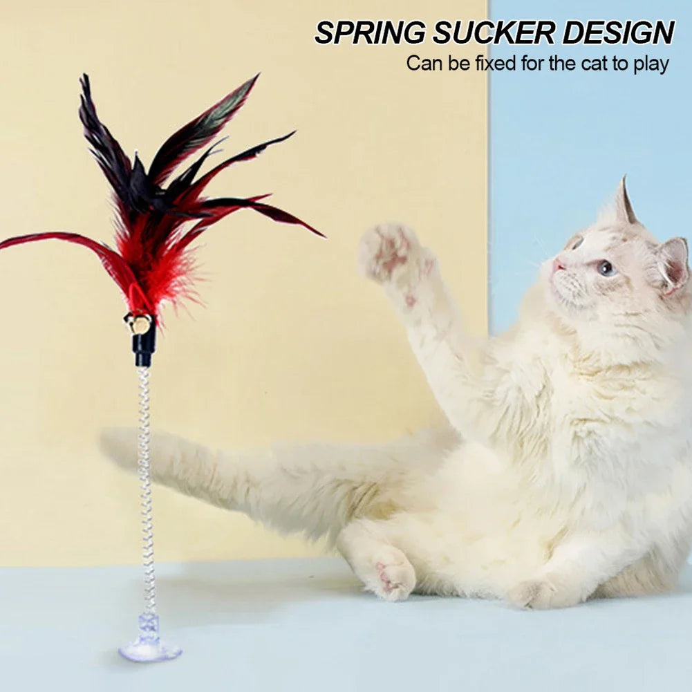 1pc Feather Spring Cat Interactive Toy Suction Cup Cat Fur Ball Teaser Wand Toys Cat Scratcher Toys Pet Supplies Random Color
