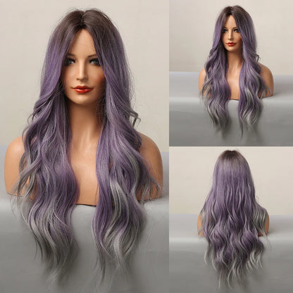 HENRY MARGU Long Brown Wavy Synthetic Wigs Middle Part Natural  Curly Wig for Black Women Cosplay Daily Heat Resistant Fake Hair