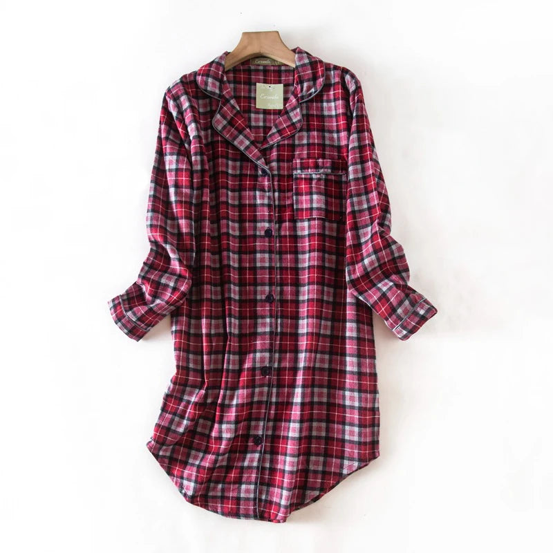 Nightgown 100% Brushed Cotton Nightshirts Women's Sleepwear Long Sleeve Plaid Winter Oversize Sleep Dress Women Home Clothes