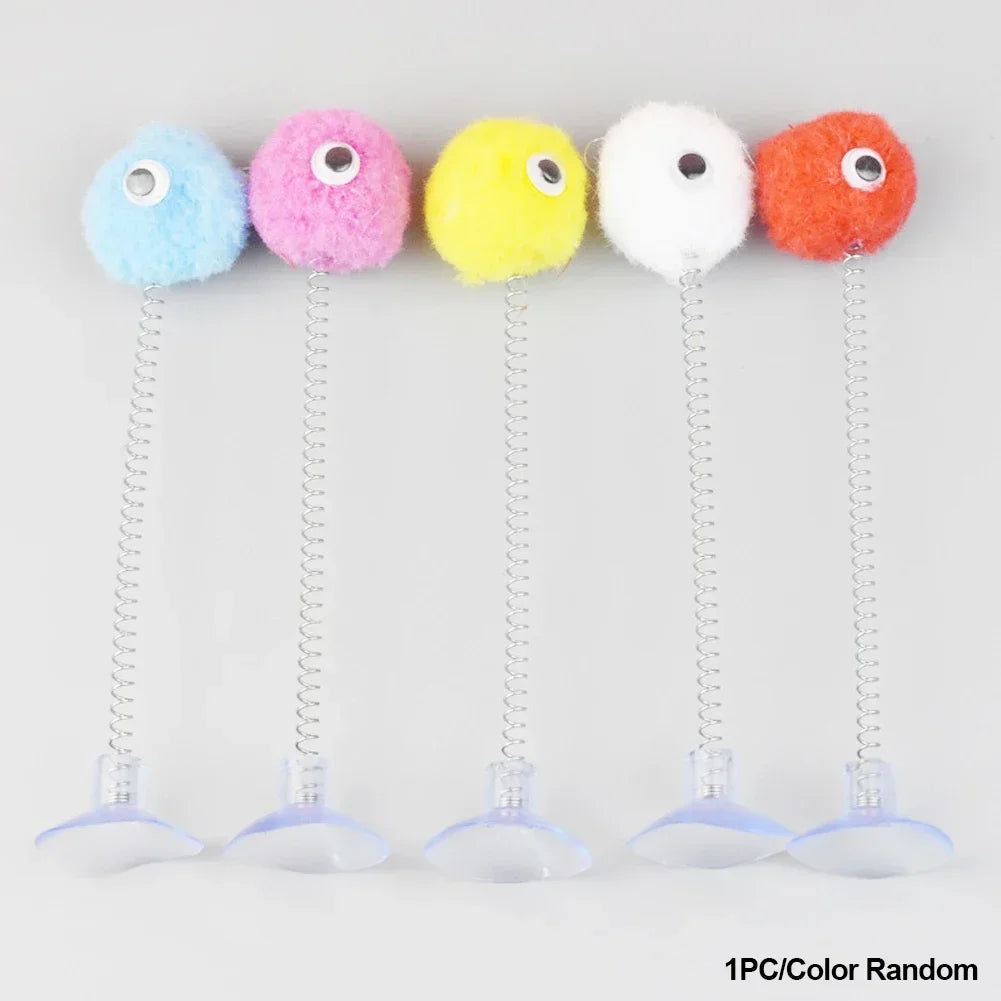 1pc Feather Spring Cat Interactive Toy Suction Cup Cat Fur Ball Teaser Wand Toys Cat Scratcher Toys Pet Supplies Random Color