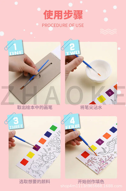 Kids Portable Watercolor Painting Book 12 Sheets Gouache Graffiti Picture 1 Pen Coloring Water Drawing Books Set Kids Toys Gifts