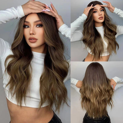 HENRY MARGU Long Brown Wavy Synthetic Wigs Middle Part Natural  Curly Wig for Black Women Cosplay Daily Heat Resistant Fake Hair