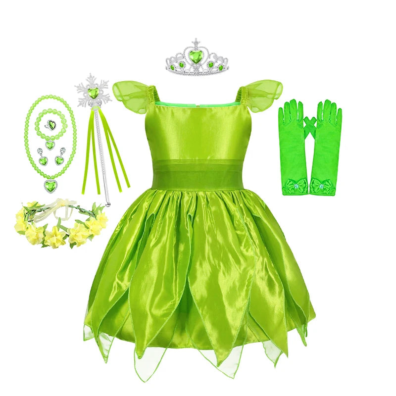 Girls Party Dresses Fairy Green Costume for Girl Tinkerbell Children Clothing Princess Elf Birthday Ball Gown Wing Dresses