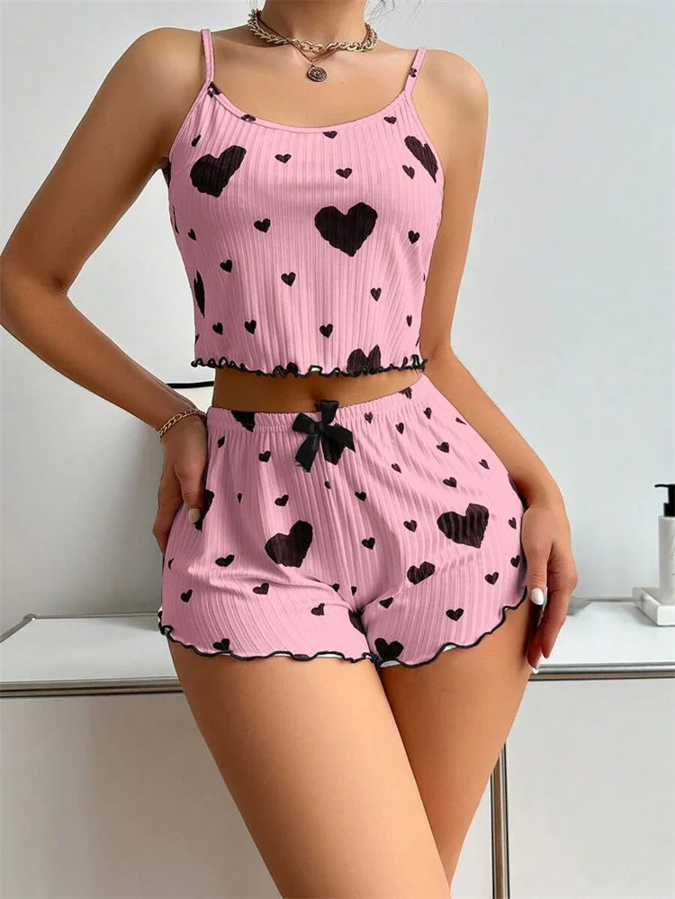 Sexy Girl Pajama Sets Love Heart Print Cami Top+Shorts Leisure Stripe Pyjamas Women Home Clothes Summer Sleeveless Sleepwear