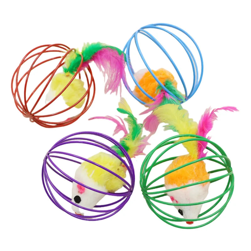 1Pcs Cat Toys Colorful Feathers Colorful Plush Mouse Ball Cage Cat Fun Creative Interactive Toys Pet Supplies Random Colors