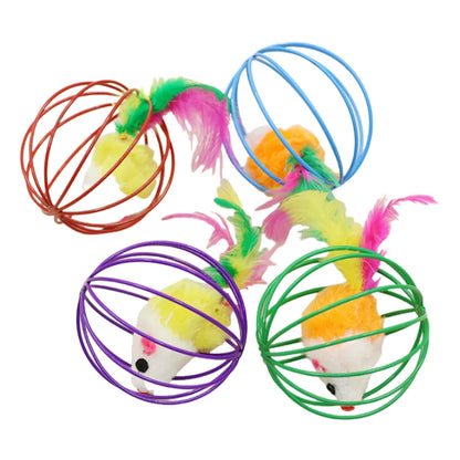 1Pcs Cat Toys Colorful Feathers Colorful Plush Mouse Ball Cage Cat Fun Creative Interactive Toys Pet Supplies Random Colors