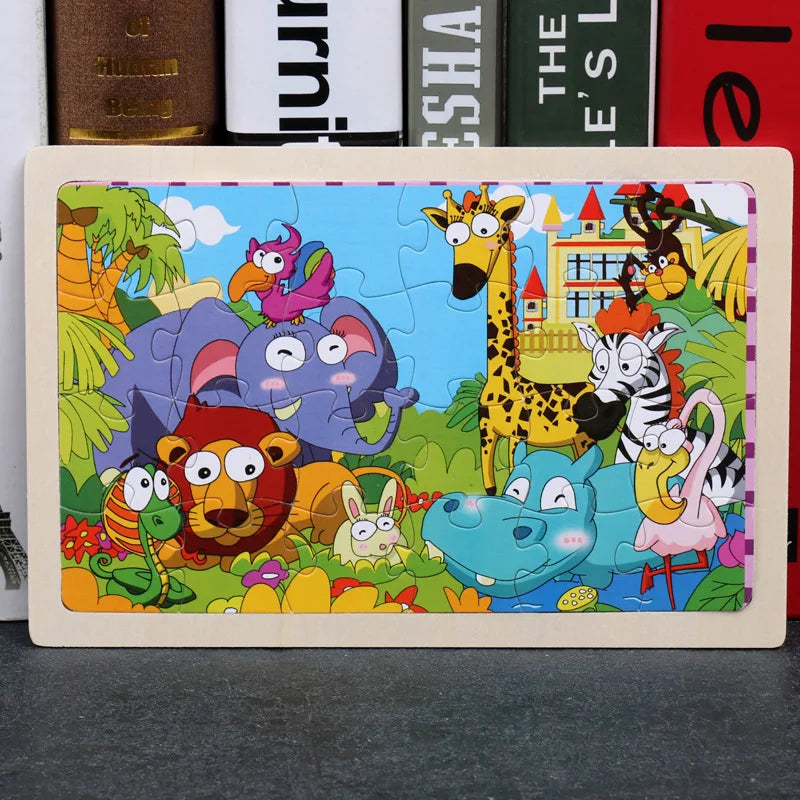 New 24 Pieces Wooden Puzzles Cartoon Animal Wood Jigsaw Learning Toys for GIFT