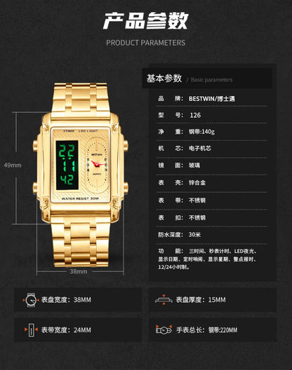 Gold Men Watches Stainless Steel Band Dual Display Men Sports Digital Watches For Male Clock Chronograph Date Waterproof Luxury