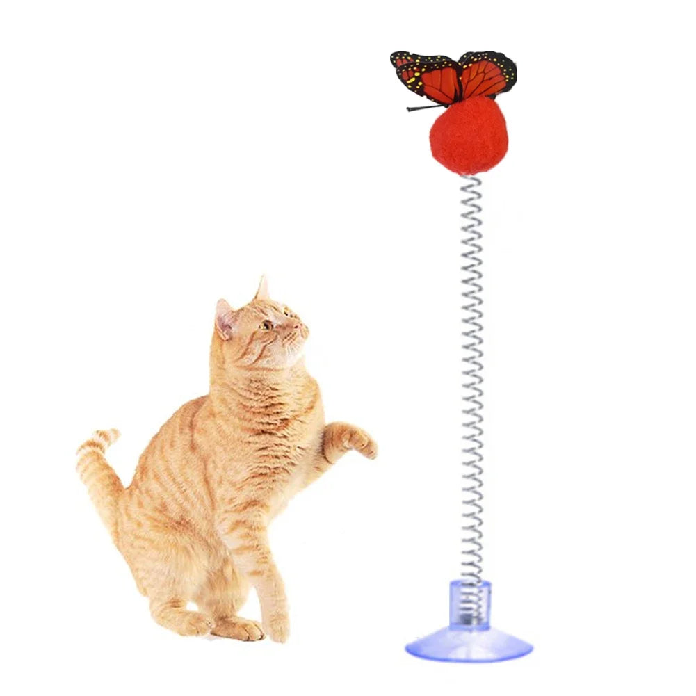 1pc Feather Spring Cat Interactive Toy Suction Cup Cat Fur Ball Teaser Wand Toys Cat Scratcher Toys Pet Supplies Random Color
