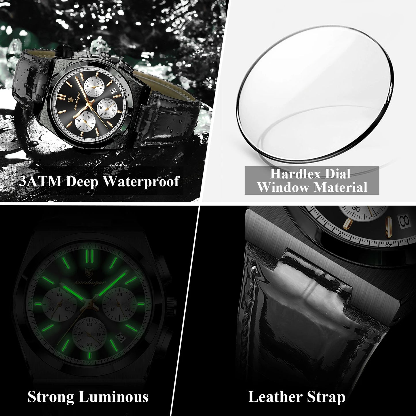 POEDAGAR Business Functional Male Watch Waterproof Luminous Chronograph Date Sports Men Wristwatch Leather Men's Quartz Watches