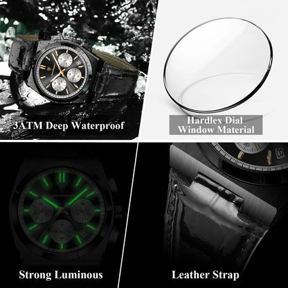 POEDAGAR Business Functional Male Watch Waterproof Luminous Chronograph Date Sports Men Wristwatch Leather Men's Quartz Watches