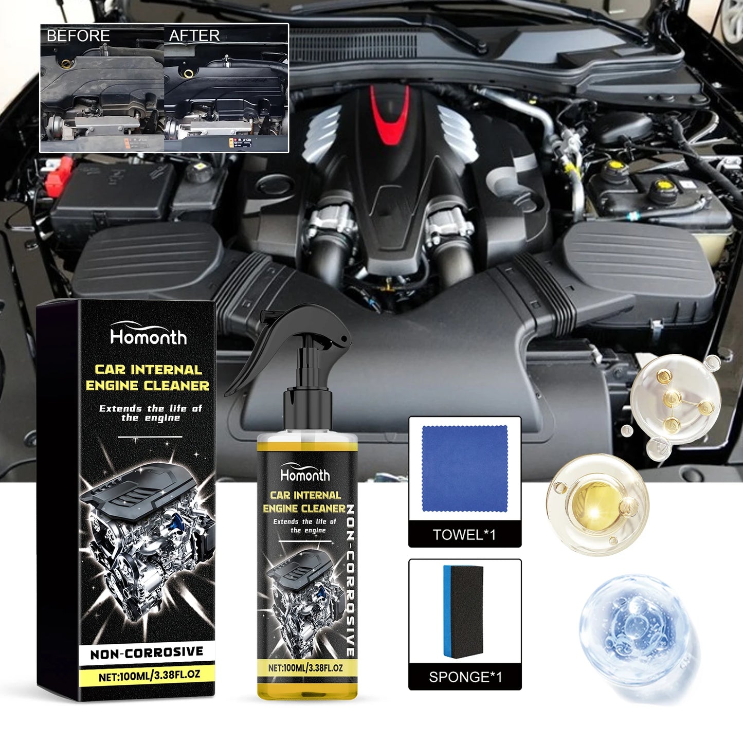 Motorcycle Engine Waterless Foam Cleaner, Heavy Duty Grease Remover, No Wipe Head, Car Engine Compartment Degreaser Tools