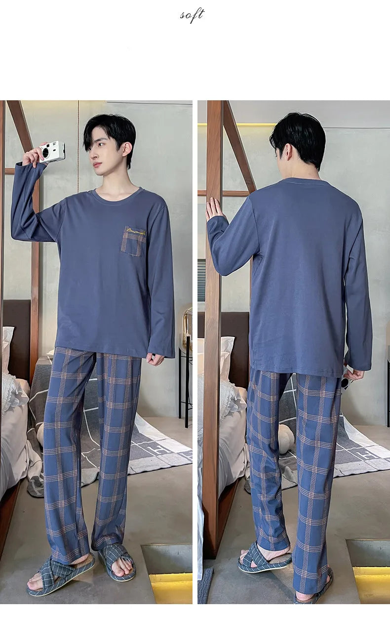 Spring Autumn Plus 4XL Knitted Men's Sleepwear Letter Lattice Pajamas Plaid Pajamas Sets Casual Loungewear Pyjamas Night Fashion