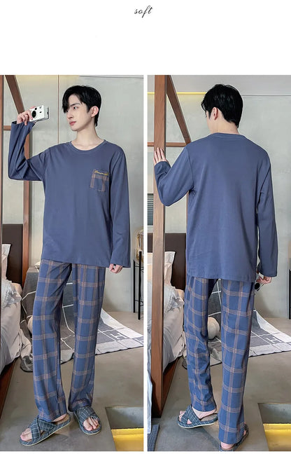 Spring Autumn Plus 4XL Knitted Men's Sleepwear Letter Lattice Pajamas Plaid Pajamas Sets Casual Loungewear Pyjamas Night Fashion