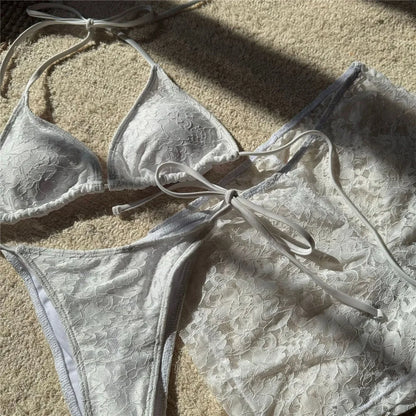 Solid White Lace Mesh Short Bikinis Sets 3 Piece Holiday Swimwear Sexy Swimsuit Women 2026 Beach Wear String Halter Bikini Donna
