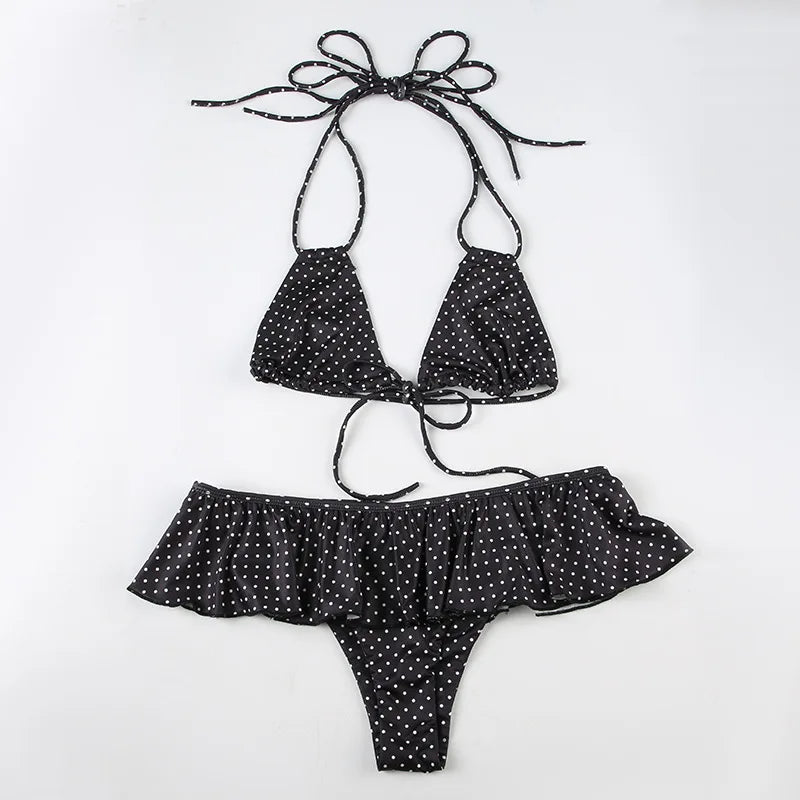 2025 Summer Vacation Beach 2 Piece Set Women Sexy Polka Dots Print Lace Up Halter Bra + Ruffles Micro Mini Skirts Swimsuit
