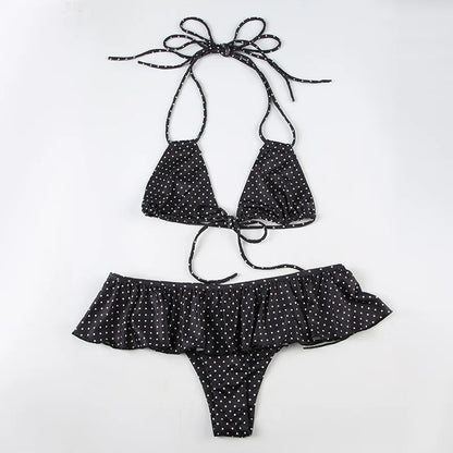 2025 Summer Vacation Beach 2 Piece Set Women Sexy Polka Dots Print Lace Up Halter Bra + Ruffles Micro Mini Skirts Swimsuit