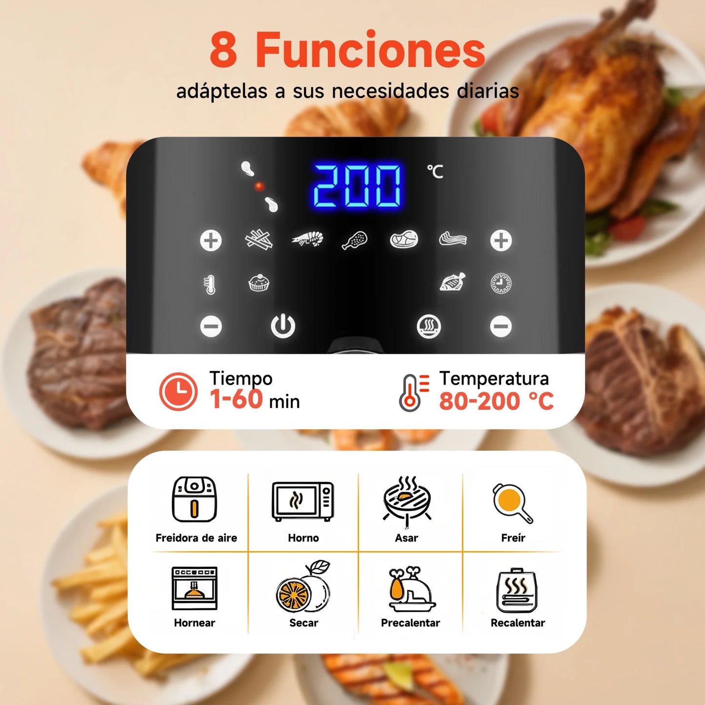 7L Oil-Free Air Fryer, Led Touch Screen, 8 Functions, Removable Non-Stick Basket, Recipe Book Included, 1900