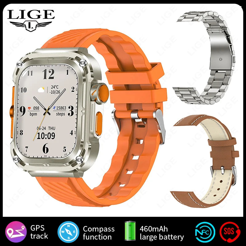 LIGE New 2.1" Ultra HD NFC Bluetooth Call Smart Watch Men Compass GPS Track 460mAH Battery Waterproof Watches For Android IOS