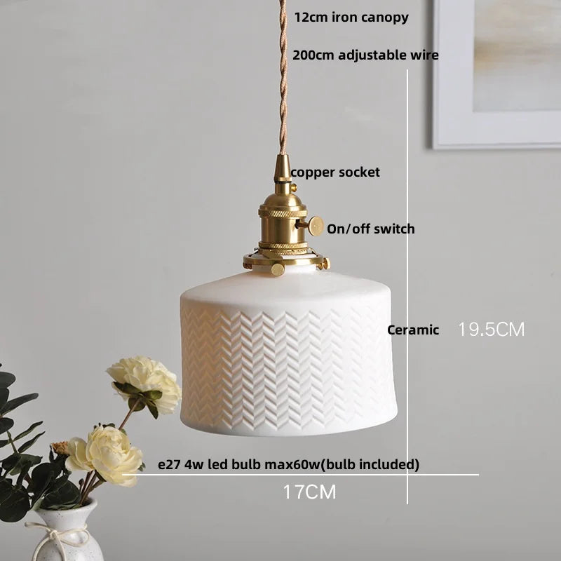 IWHD White Ceramic LED Pendant Lamp Bedroom Study Balcony Wire Adjustable Copper Socket Nordic Modern Home Decor Hanging Lights