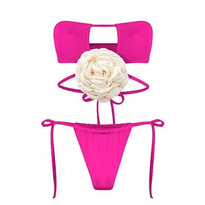 2026 New Sexy White 3D Flower Solid Two Piece Push Up Bikini Set Luxury Swimwear Women Swimsuit Beachwear Summer Bathing Suit