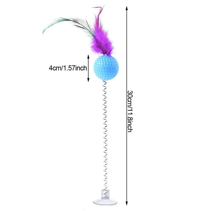 1pc Feather Spring Cat Interactive Toy Suction Cup Cat Fur Ball Teaser Wand Toys Cat Scratcher Toys Pet Supplies Random Color